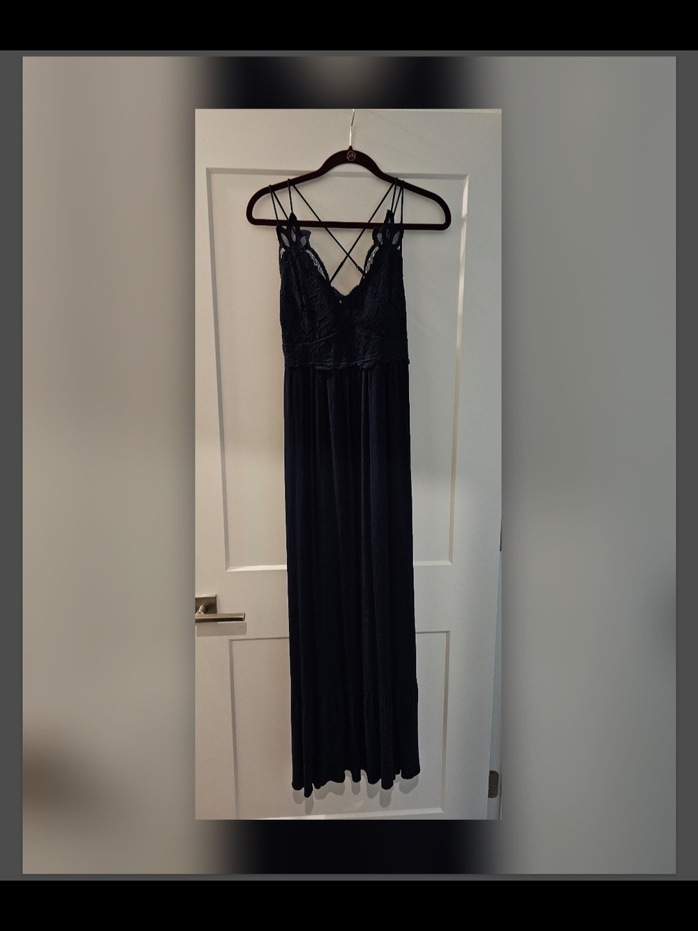 Navy Blue Lace Bodice Maxi Dress with Crisscross Straps